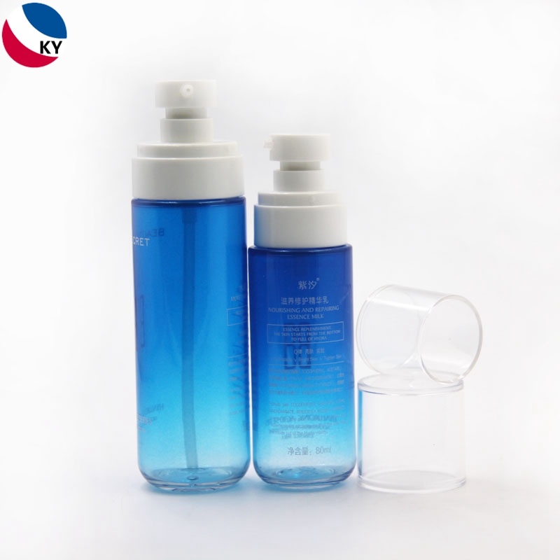 Luxury 100ml 120ml Round Shape PET Gradient Color Blue Transparent Plastic Pump Bottle Cosmetic Lotion Bottle Packaging 