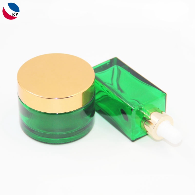 30ml Square Glass Dropper Bottle 100g Shiny Green Glass Jar with Gold Color Aluminium Lid