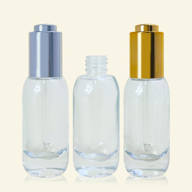 High Quality 1oz 30ml Clear Shoulder Round Thick Bottom Glass Dropper Bottle Cosmetic Serum Essential Oil Push Button Dropper Bottles 