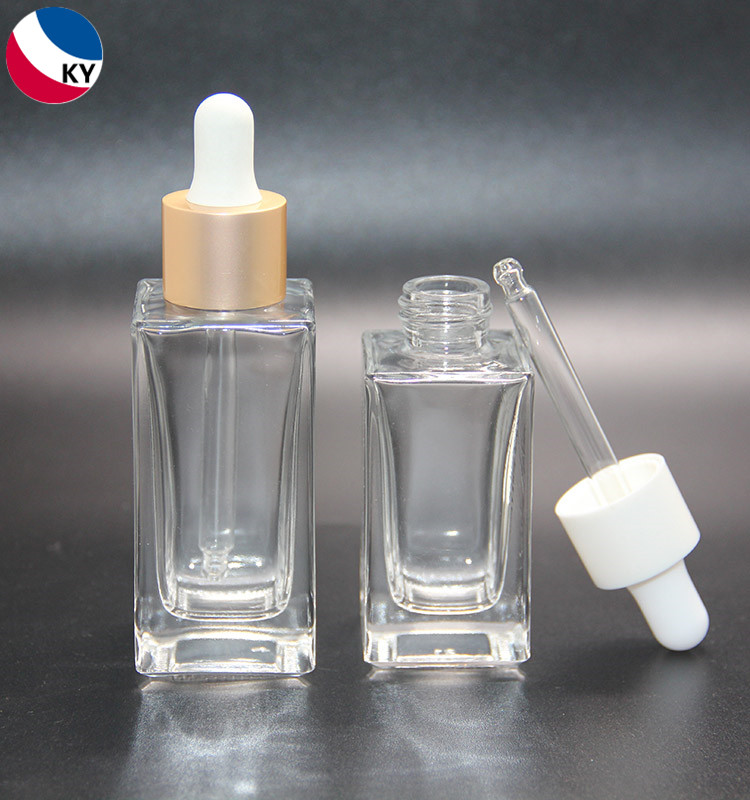30ml 50ml 120ml Empty Cosmetic Square Transparent Frosted White Glass Dropper Essential Oil Bottle White Black Dropper