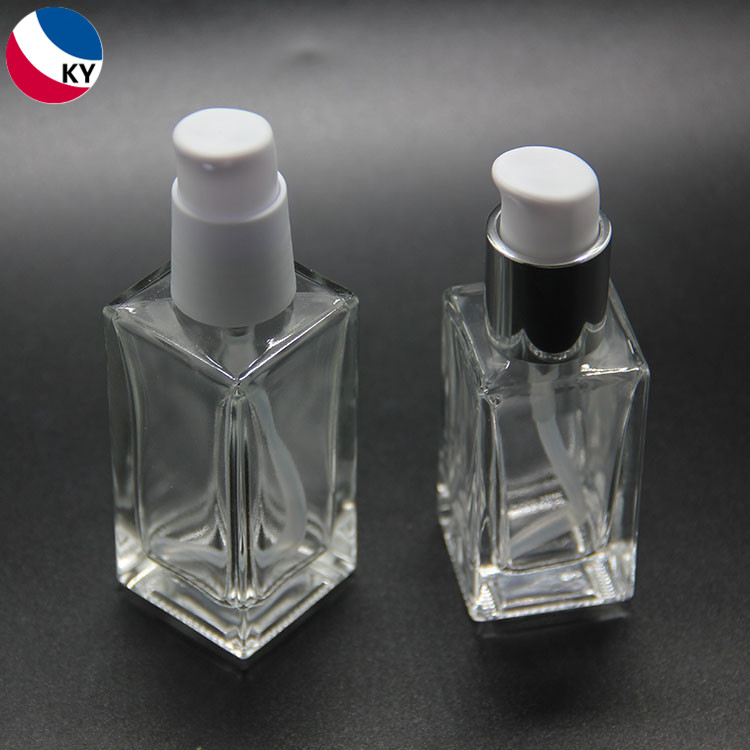 30ml 50ml Transparent Clear Square Glass Pump Bottle Foundation Lotion Bottle with White Self-lock Pump