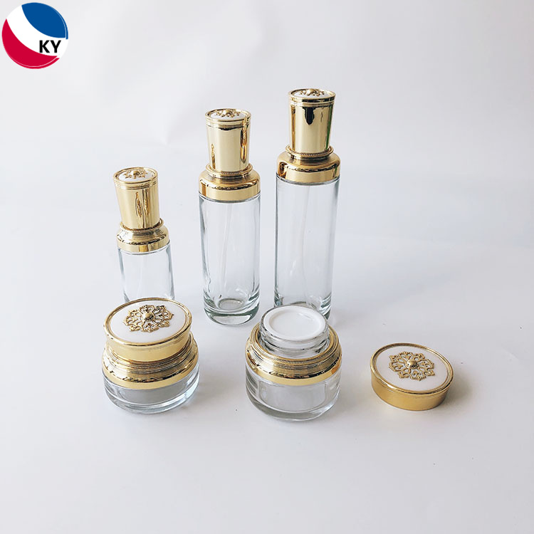 Luxury 30g 50g 30ml 50ml 100ml Clear Thick Bottom Skin Care Cream Glass Jar Lotion Glass Pump Bottle with Gold Cap Pump