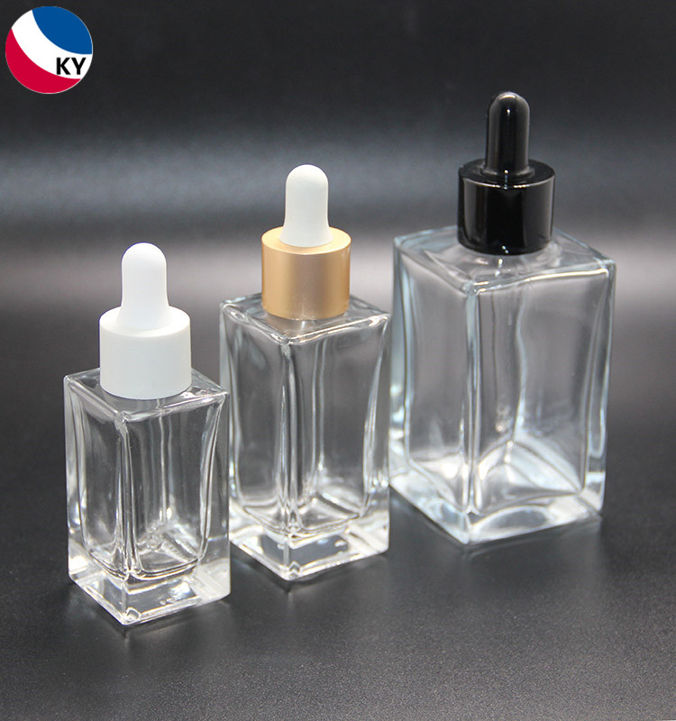 30ml 50ml 120ml Empty Cosmetic Square Transparent Frosted White Glass Dropper Essential Oil Bottle White Black Dropper