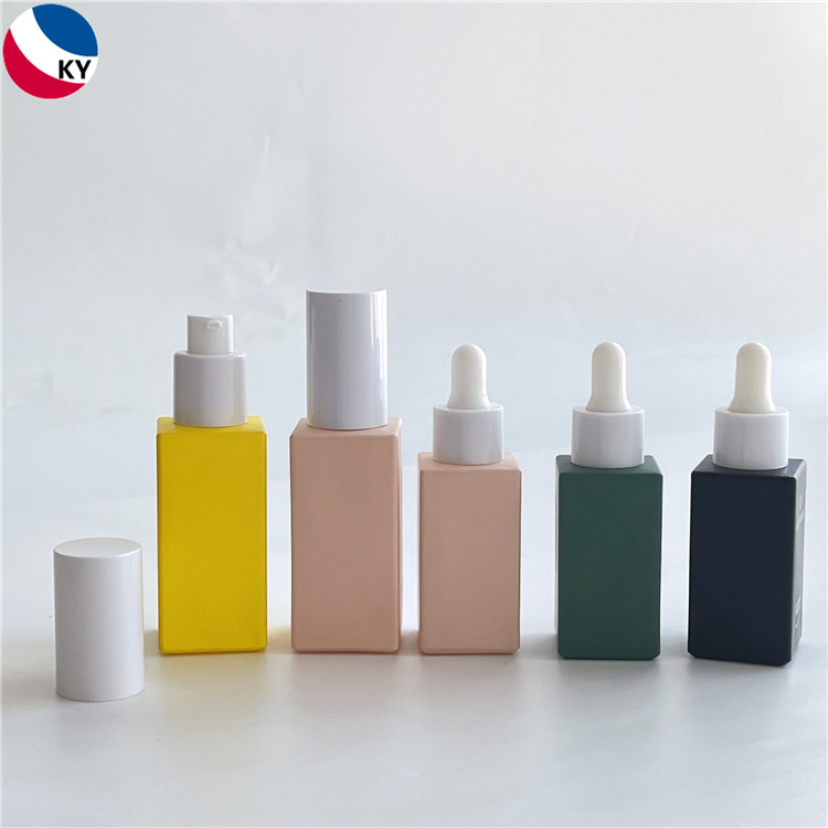 Luxury Cosmetic Square Matte Frosted Pink Yellow Green Blue Color 30ml 50ml Glass Pump Lotion Dropper Bottle