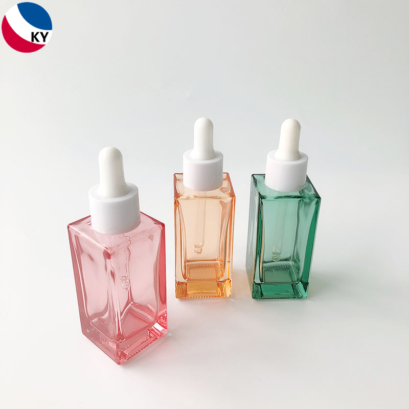Luxury 30ml Transparent Red Green Orange Custom Color Square Glass Bottle Dropper Essential Oil Clear Glass Bottles 