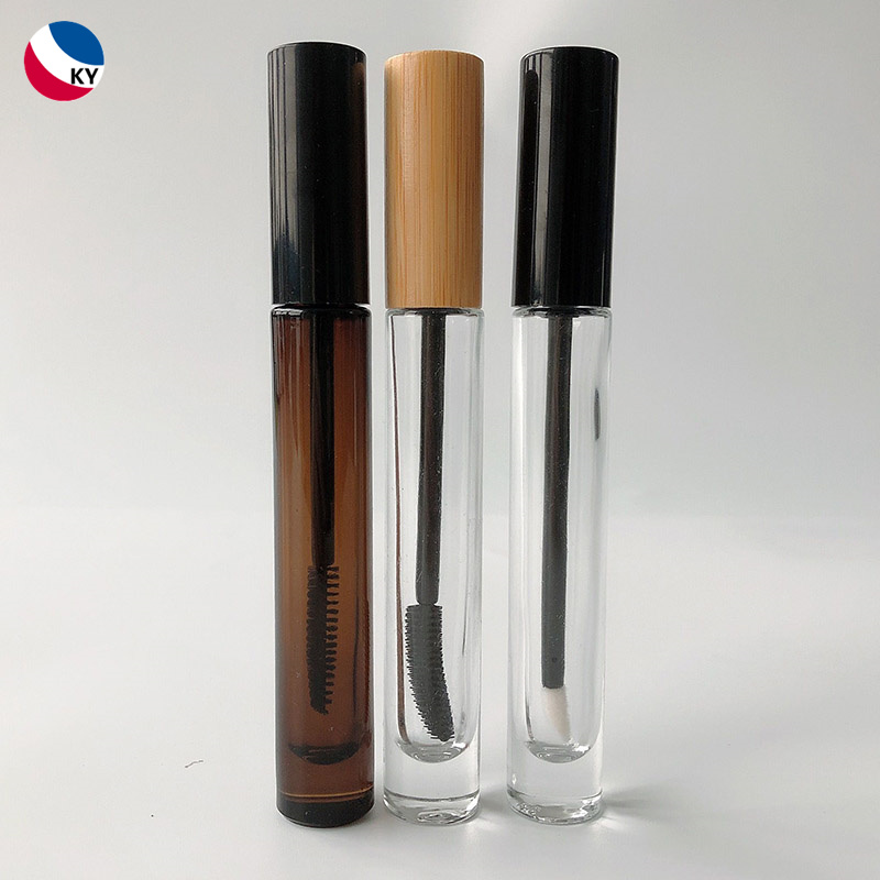 10ml Amber Clear Round Glass Bottle Lip Gloss Tube Container with Plastic Bamboo Cap Brush Mascara Tube 