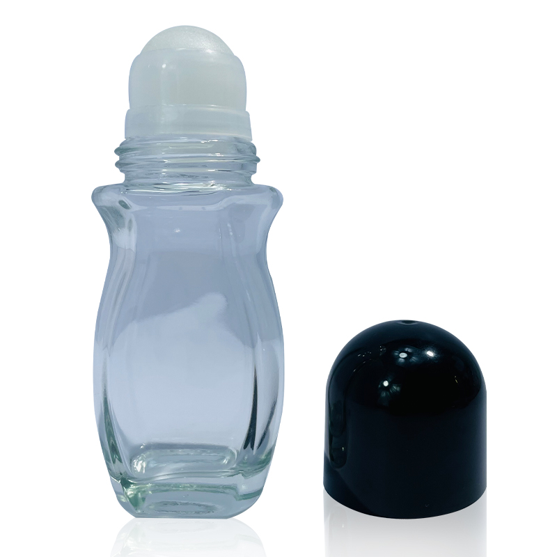 Unique Shape Transparent 30ml Glass Roll on Bottle Cosmetic Packaging Rose Gold Color Screw Cap 1oz Glass Roller Bottle
