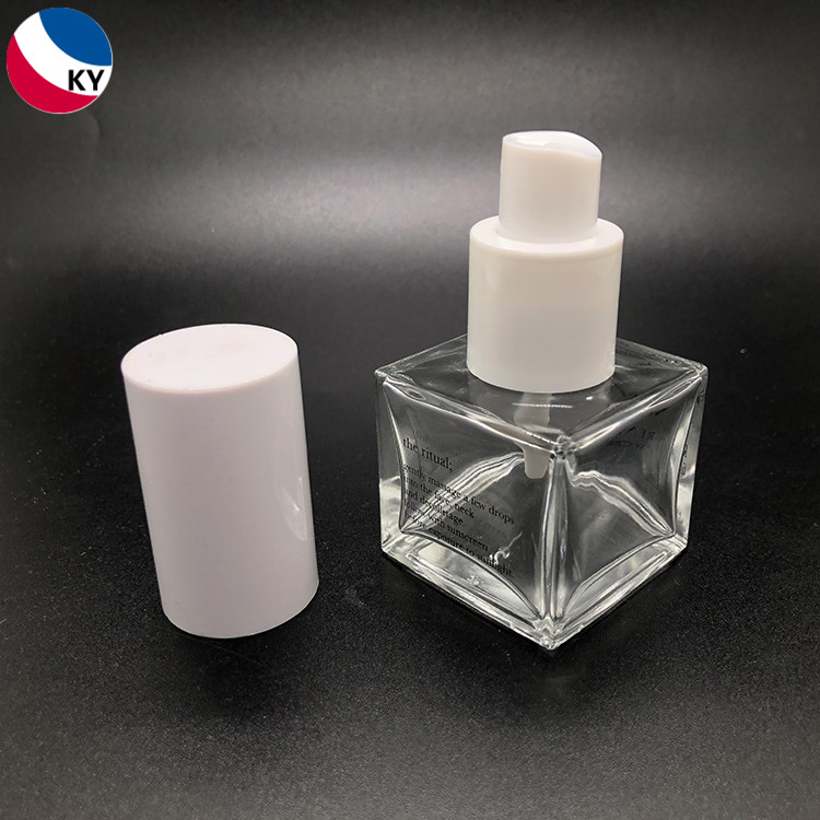 30ml Custom Clear Skincare Lotion Liquid Square Glass Pump Bottle with White Pump