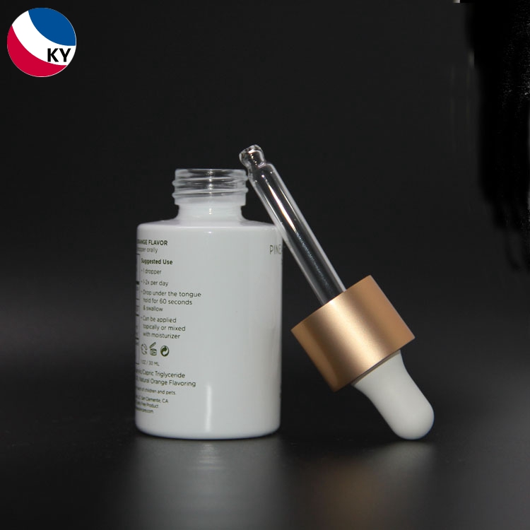 30ml Essential Oil Glass Dropper Bottle Shinny Gold Aluminum Collar and Matte White Silicone Rubber