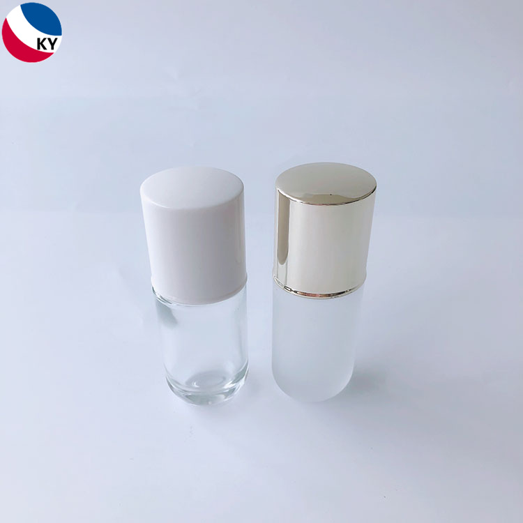 Frosted Transparent Oblate Round 30ml 1oz Glass Serum Lotion Foundation Liquid Bottle with White Silver Pump Cap