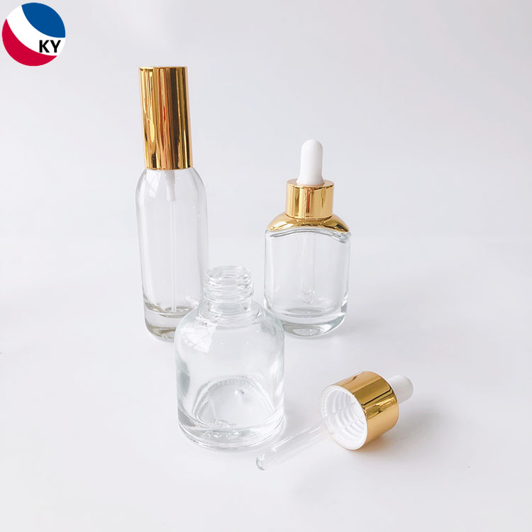 15ml 30ml Flat Round Shoudler Gold Essence Moisturizing Repair Cosmetic Gold Essential Oil Glass Dropper Bottles