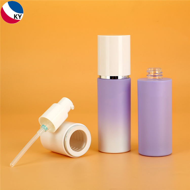 Cosmetic Packaging Cylinder Matte Purple White Gradient Color 40ml Glass Pump Bottle with White Pump Cap